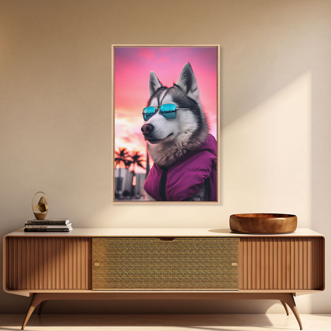 Siberian Husky In Pink Jacket Sunglasses Wall Print, Dog Art Print, Dog Portrait, Framed Wall Art, Framed Canvas, Wall Print, Wall Canvas