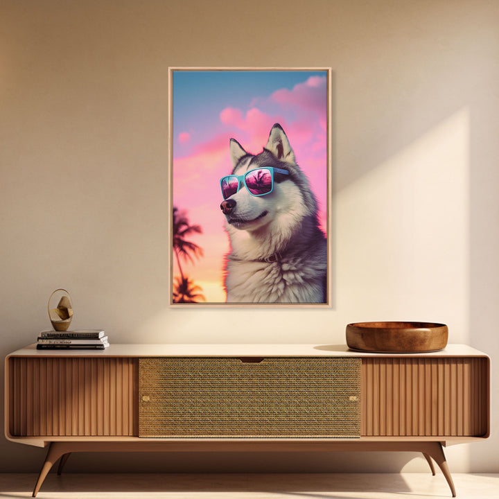 Siberian Husky In Pink Sunglasses Wall Print, Dog Art Print, Dog Portrait, Framed Wall Art, Framed Canvas, Wall Print, Wall Canvas