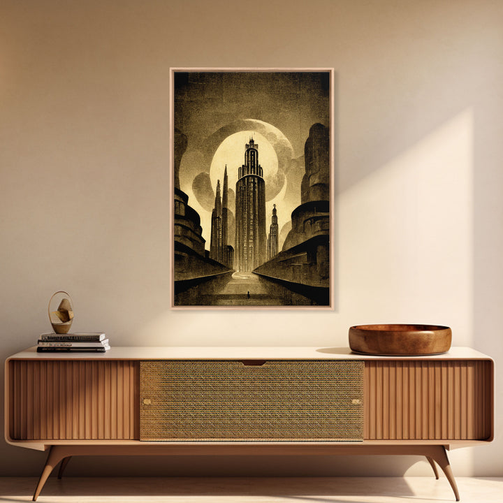 Dystopian Metropolis Art Deco Canvas Print, City Skyline, Fantasy Art, Art Deco Living Room Art, ready to hang wall art