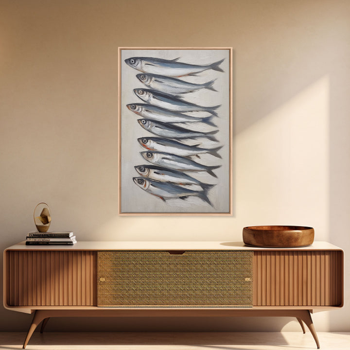 Minimalist Sardines Art Print - Framed Canvas Art - Oil Painting Still Life Print - French Kitchen Art - Restaurant Art - Boho Farmhouse Art