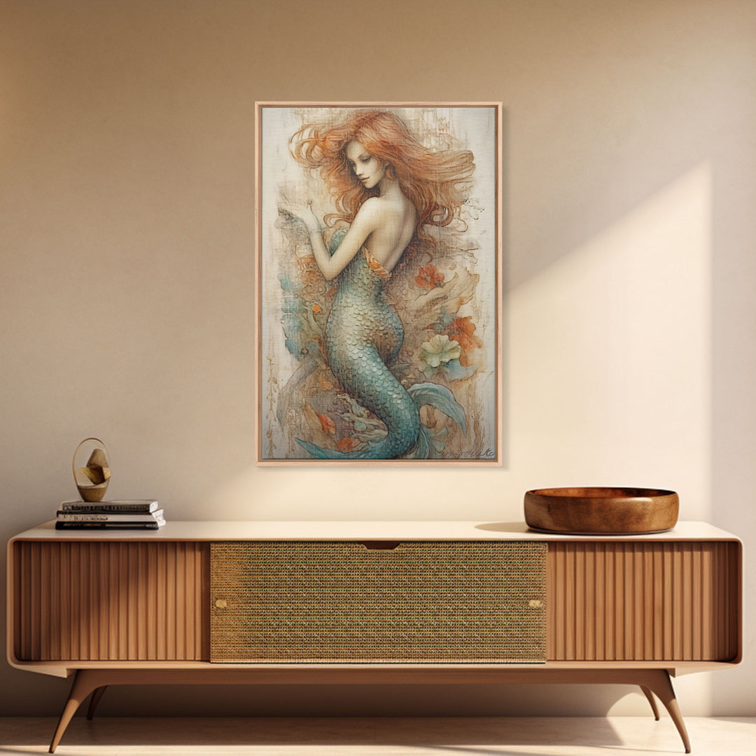 Fancy Mermaid Wall Art, 24" x 36" Canvas Print, French Style Poster Wall Art, Vintage Wall Hanging, Coastal Bathroom Decor