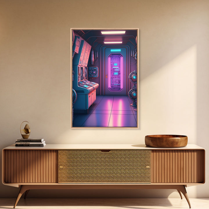 Vaporwave Futuristic Cyberpunk Space Ship Control Room, Framed Canvas Print, Scifi Art