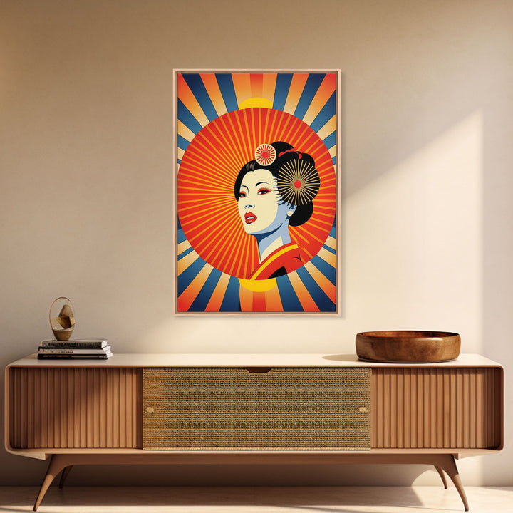 Portrait of a Geisha, Pop Art Style, Art Deco Sunburst, Framed Canvas Print