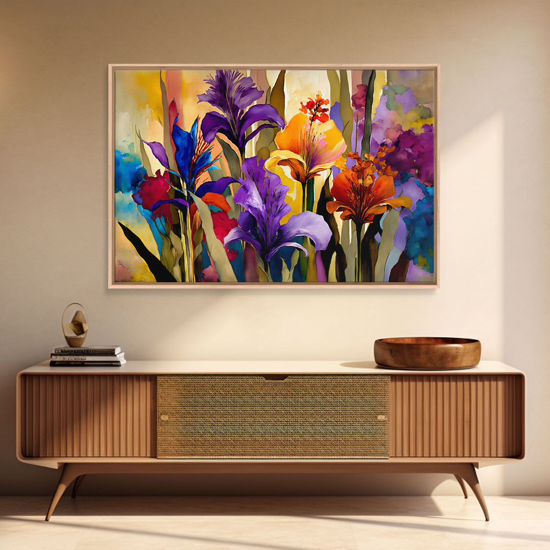 Colorful Wildflowers Print, Framed Canvas Art, Floral Botanical Art, Vivid Art, Large Living Room Wall Decoration