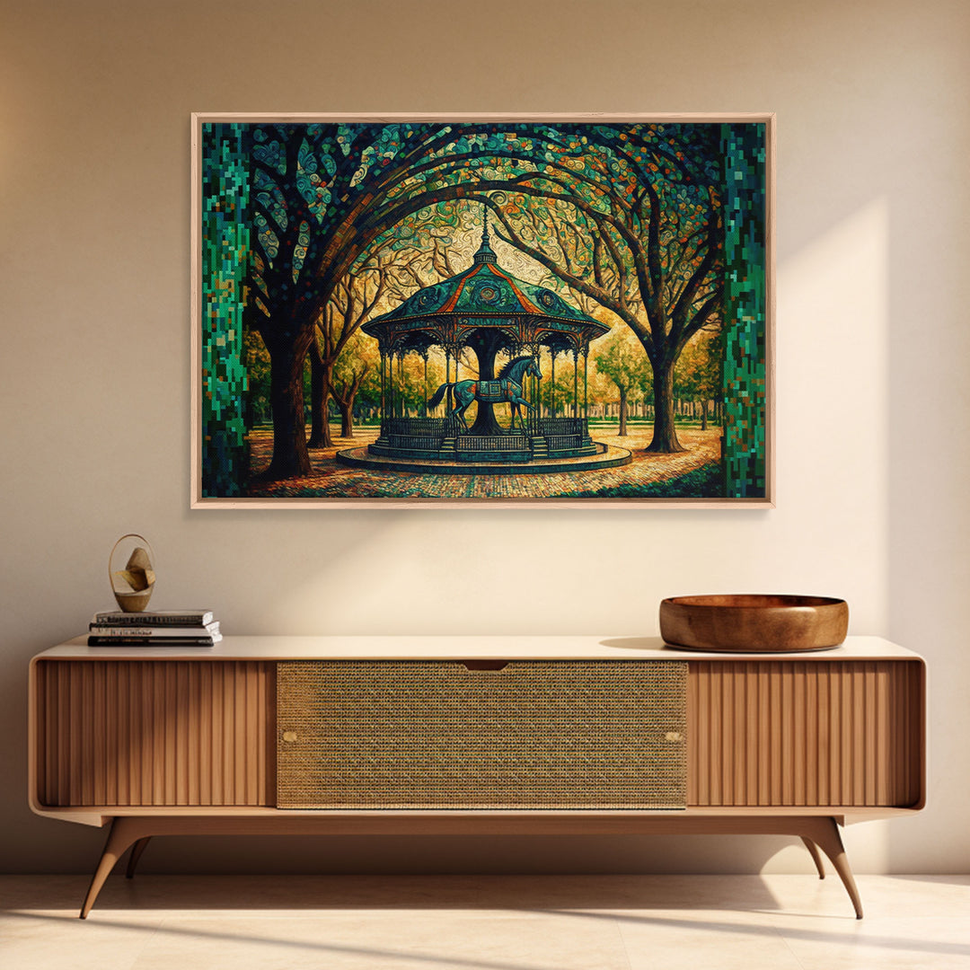 Framed Canvas Print, Painting of a Vintage carousel, Stained Glass Style Wall Art