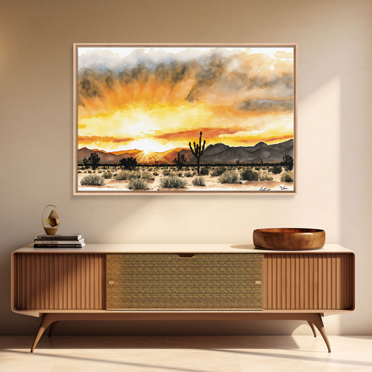 Watercolor Arizona Desert Landscape, Framed Canvas Print, Original Painting Print, Huge Living Room Wall Art, Southwest Western Decor