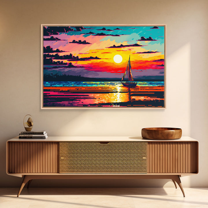 Sailing at Sunset, Watercolor Painting Canvas Print, Framed Wall Art, Unique Sunset Pop Art Ocean Landscape Decor