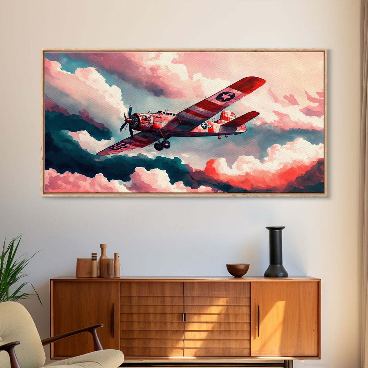 1930s Airplane in Flight, Watercolor, Framed Canvas Print, Home Decor For Pilots, Gift for Airplane Enthusiasts