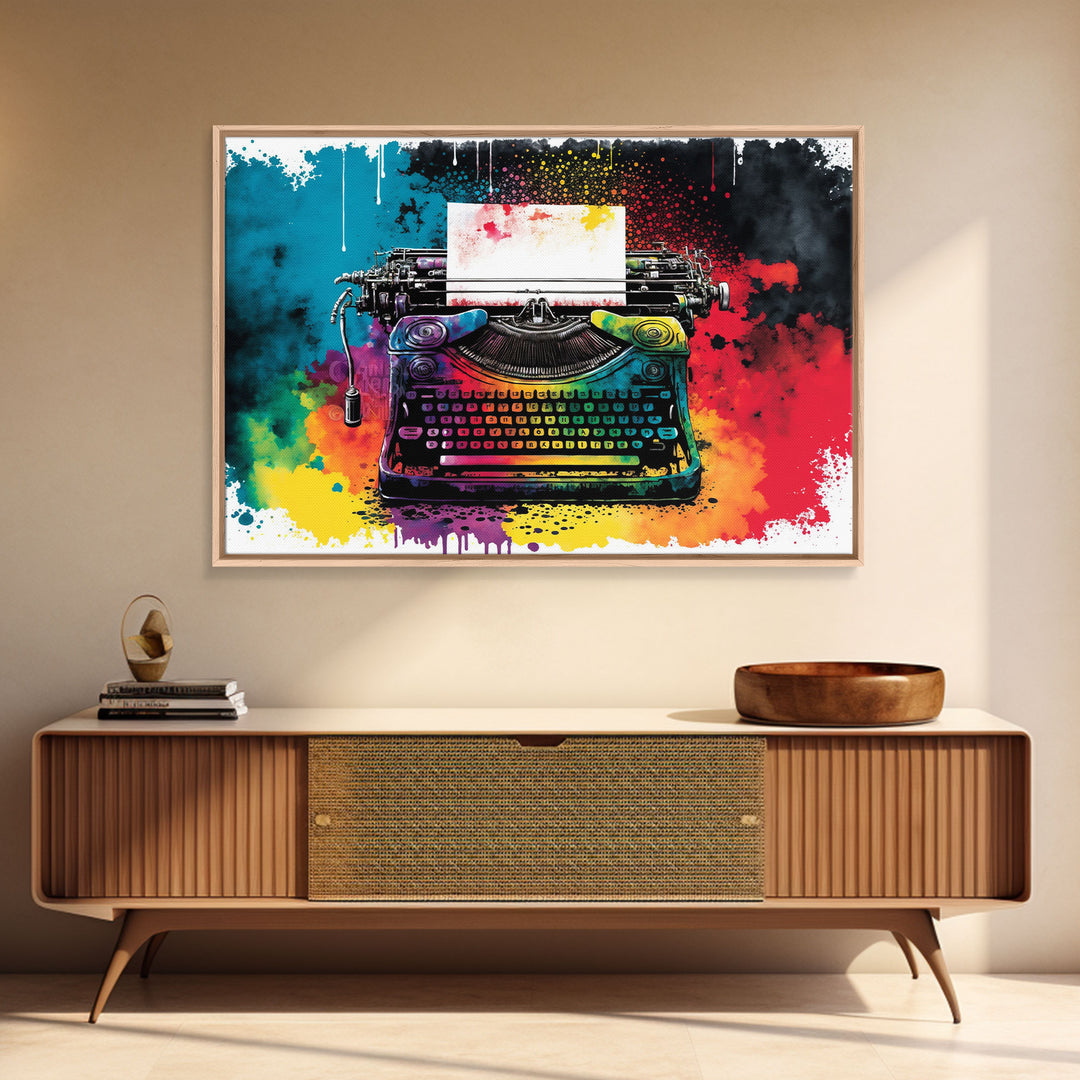 Watercolor Painting of an Antique Vintage Typewriter, Canvas Print, Framed Canvas Art, Original Art, Retro Pop Art Graffiti Style Decor
