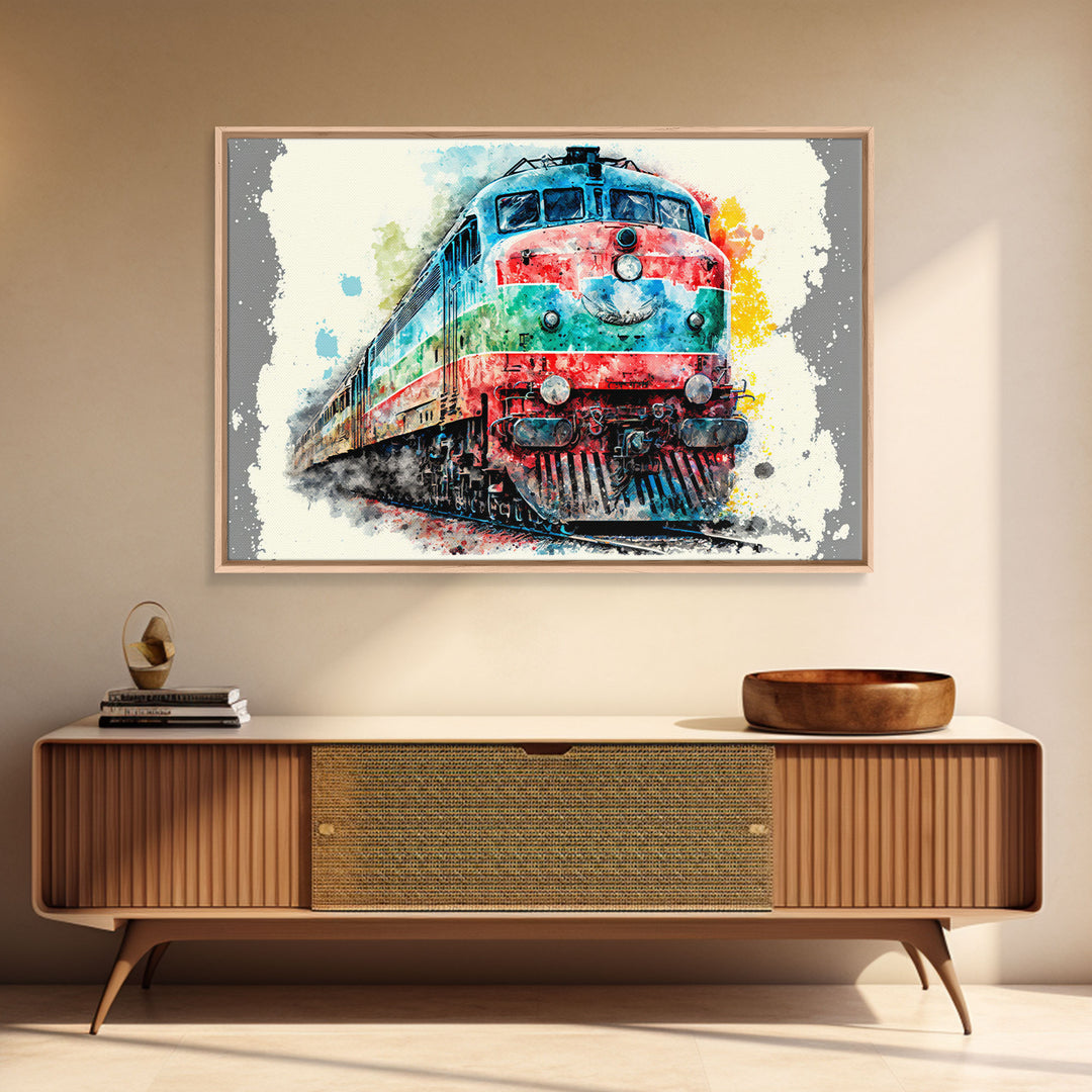 Train Art, Watercolor, Graffiti Pop Art, Framed Canvas Print, Modern Passenger Train Wall Decor, Train Conductor Art