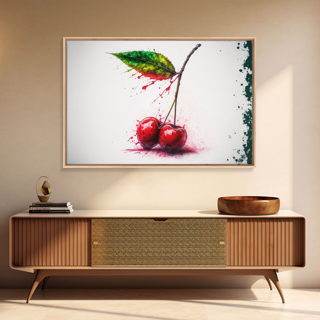 Watercolor Cherry, Still Life Paint Splatter Art, Framed Canvas Print, Fruit Art, Cherries with Stems Watercolor Painting