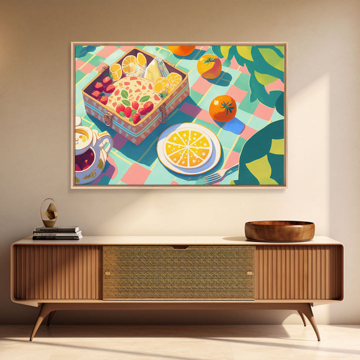 Picnic Art, Whimsical Summer Deserts, Framed Canvas Print, Fruit Tart Painting, Picnic Basket Art