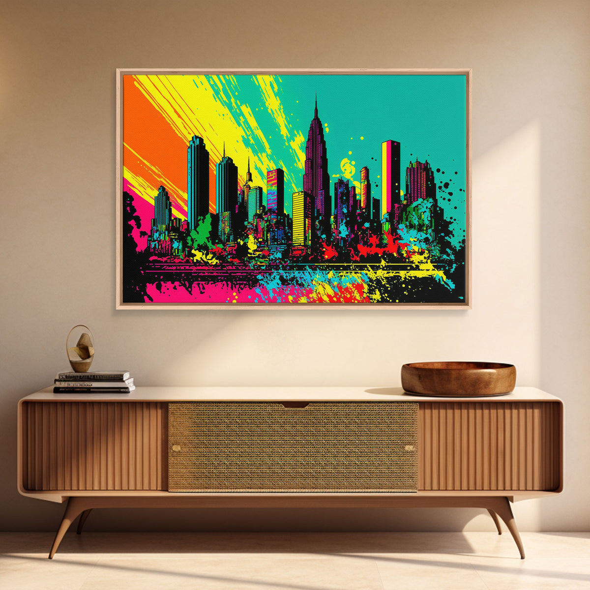 Chicago City Skyline Graffiti Art, Framed Canvas Print, Large Office Wall Decor, Huge Living Room Art