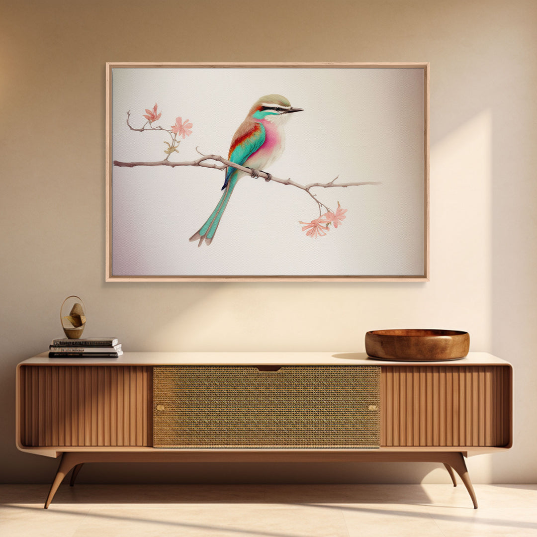 Colorful Oriole Bird On a Branch, Watercolor, Framed Canvas Print, Birdwatcher Art