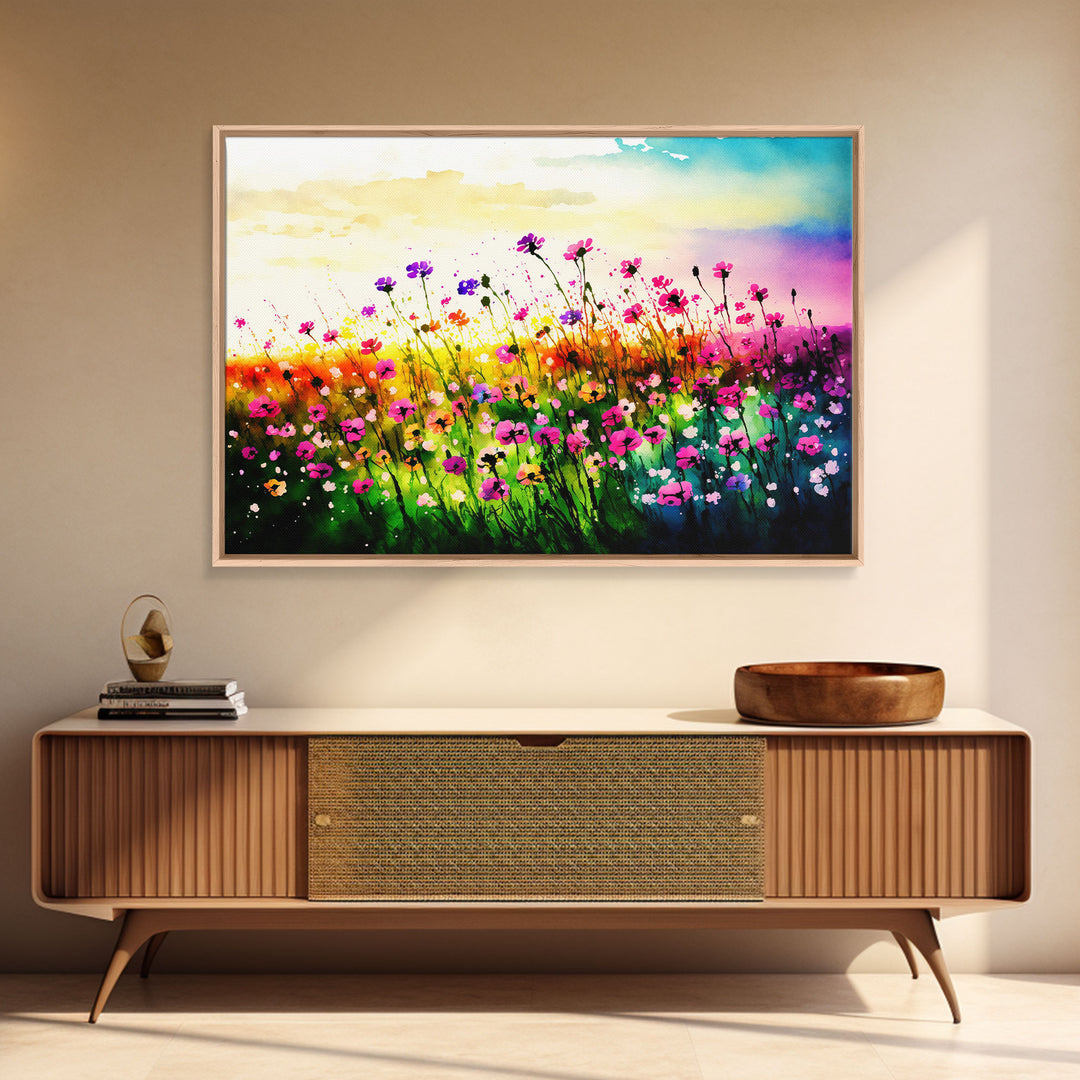 Field Of Rainbow Colored Wild Flowers, Watercolor, Framed Canvas Print, Original Art, Large Format Art, huge living room art