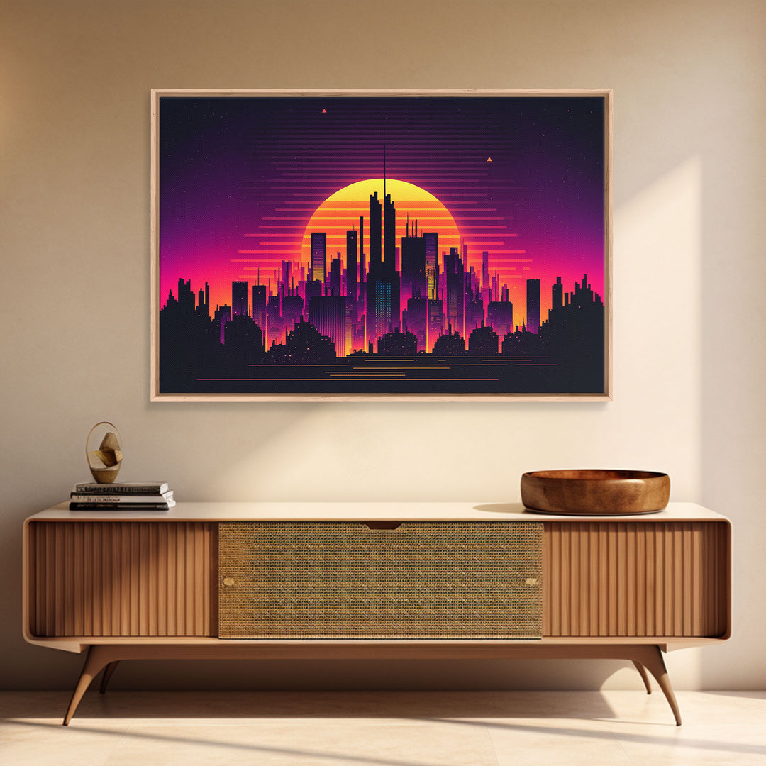 Outrun Style Futuristic Cyberpunk City Skyline at Sunset, Concept art, framed canvas print, dystopian art