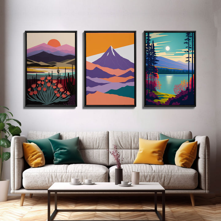 Minimalist Landscape Decor, 3 Piece Canvas Print, Framed Wall Art, Pacific Northwest Inspired Scandinavian Decor, Retro Style