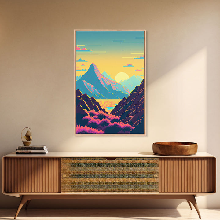 Peach Sunset, Fantasy Mountain Landscape Art, Framed Canvas Print, Minimalist Art Deco Inspired Wall Art