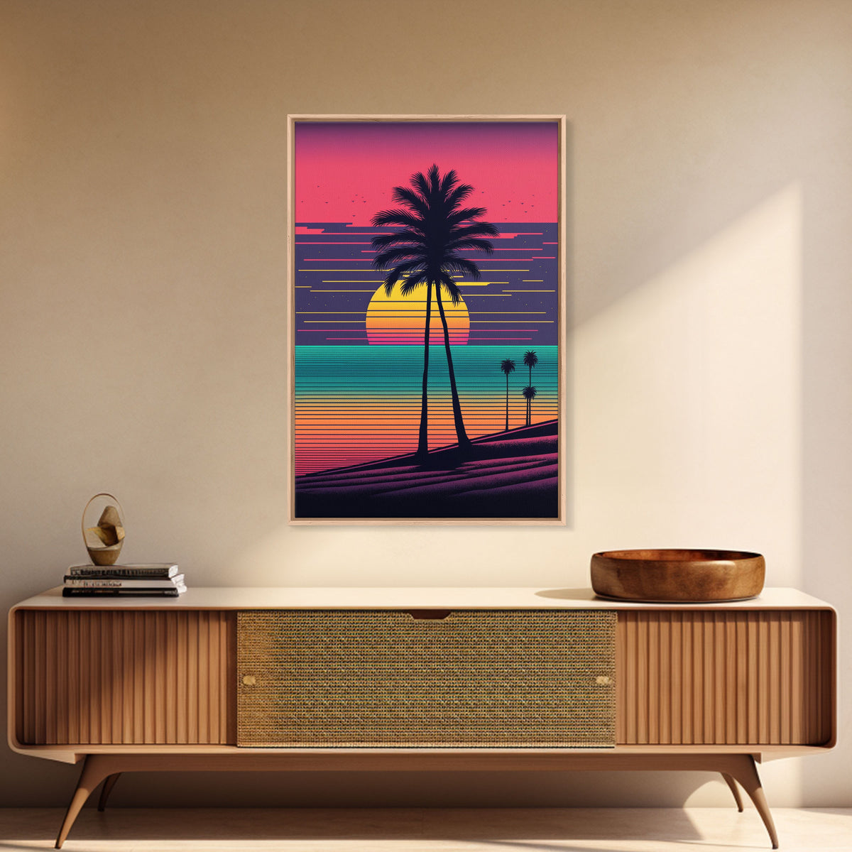 Synthwave Sunset, Retro Office Art, 80s Vibes, Framed Canvas Print, Framed Art, Trendy Wall Hanging
