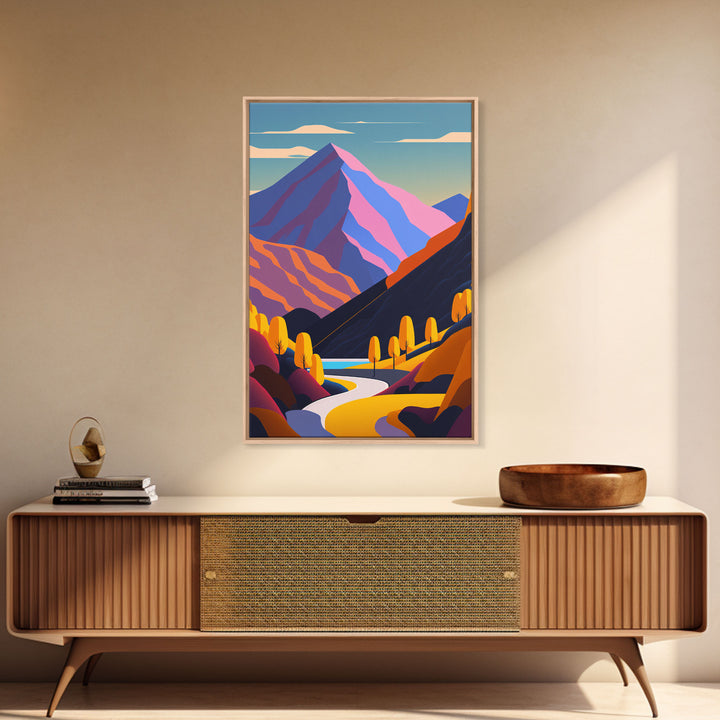 Retro Style Purple Mountain Landscape, Framed Canvas Print, MCM Style Art, Framed Wall Art, Wall Decor, Living Room / Guest Room Art