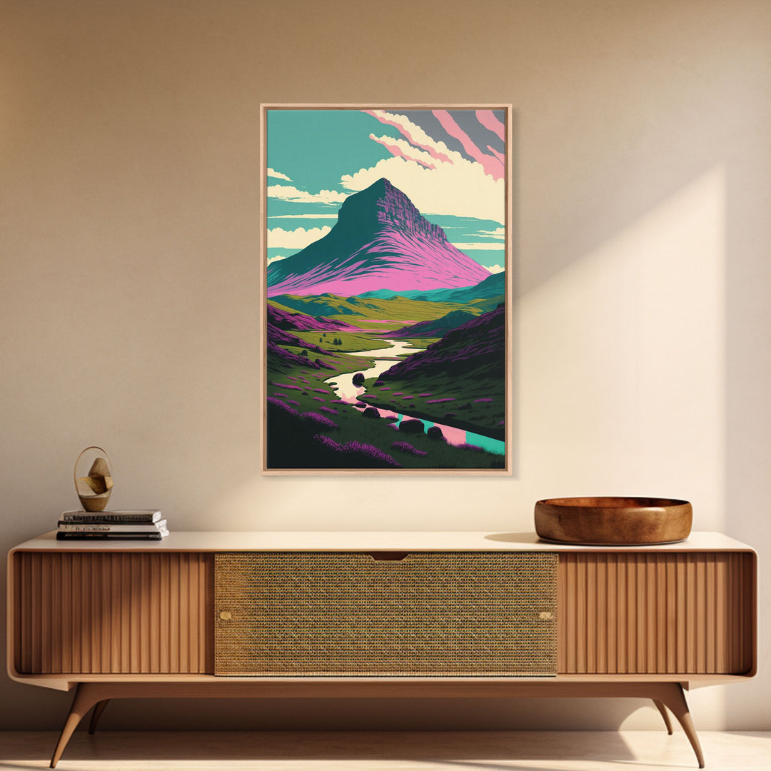 Retro Style Purple Mountain Landscape, Framed Canvas Print, MCM Style Art, Framed Wall Art, Wall Decor, Living Room / Guest Room Art