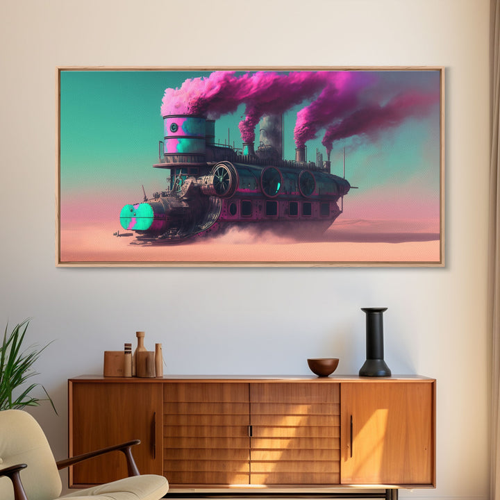 Futuristic Steampunk / Cyberpunk Mashup Art, Steampunk Riverboat In A Desert, Framed Canvas Print, Scifi Wildwest Decor