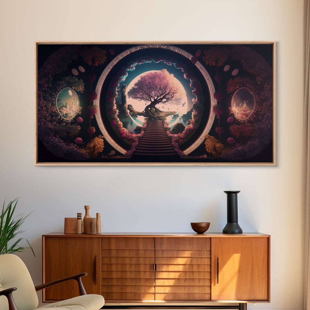 Stairway to a magical forest, fantasy concept art, framed canvas print, colorful wall decor, portal to another world