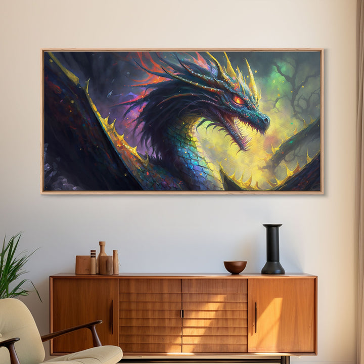 Psychedelic Fire Breathing Horned Dragon, Framed Canvas Print, Colorful Fantasy Wall Art, Videogame Concept Decor