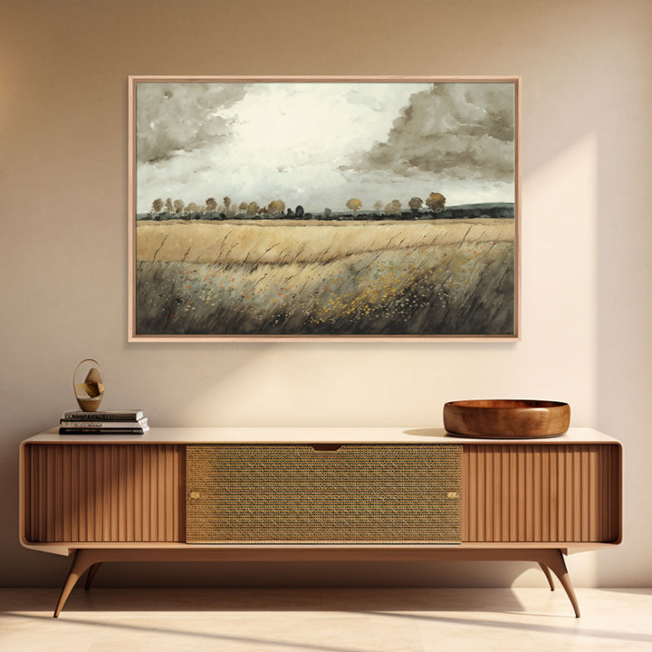 Moody Country Landscape Canvas Print Painting | Vintage Wall Art | Subdued Wall Art | Framed Canvas | Muted Monochromatic Landscape Art