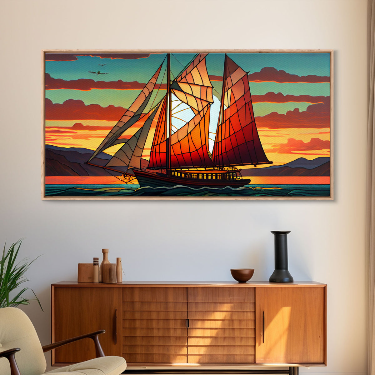 Art Deco Stained Glass Sail Boat Wall Art | Framed Canvas Print | Nautical Art | Seascape Art | Beach House Decor