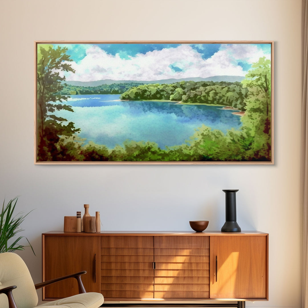 Lake Landscape, Lake Painting, Beach House Decor, Vintage Landscape, Scenery Print, Framed Canvas Print, Framed Art, Pacific Northwest Art