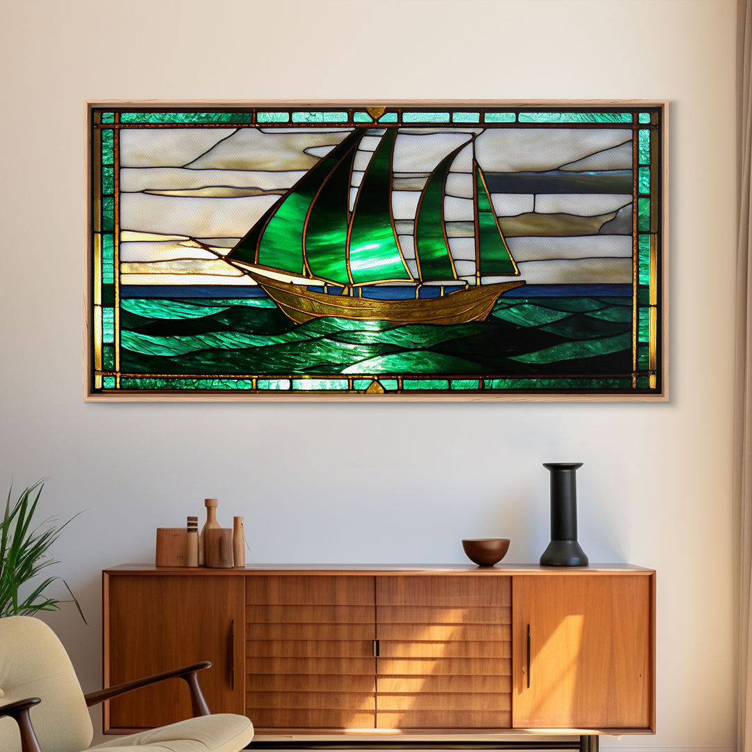 Emerald Green and Gold Art Deco Sail Boat, Framed Canvas Print, Retro MCM Style Wall Art, Midcentury Modern, Vintage Style, Stained Glass