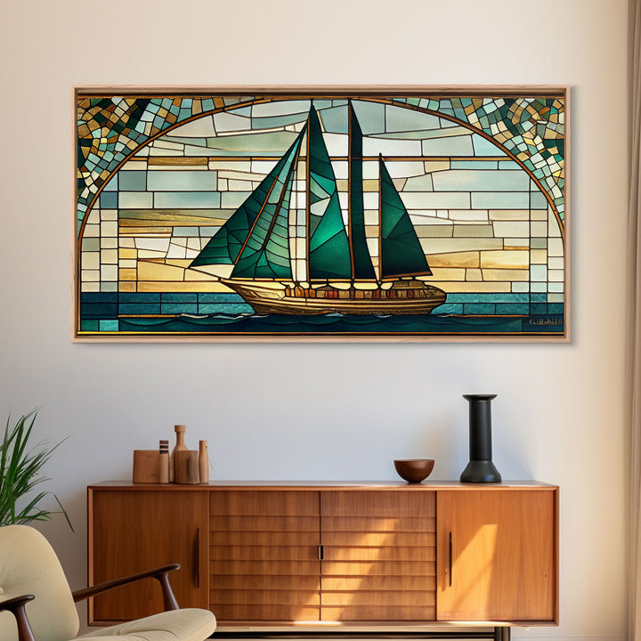 Emerald Green and Gold Art Deco Sail Boat, Framed Canvas Print, Retro MCM Style Wall Art, Midcentury Modern, Stained Glass, Huge Art