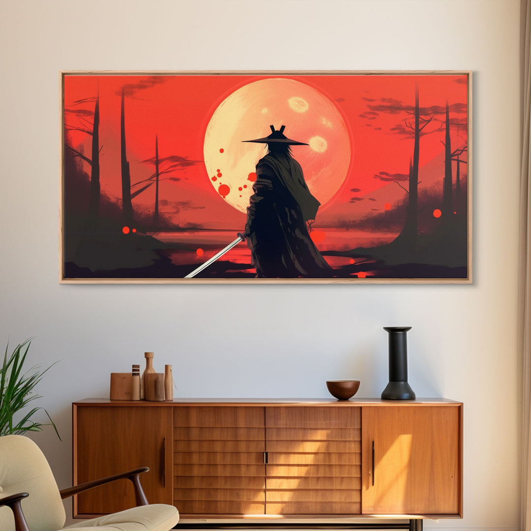 Mysterious Samurai and Blood Moon Print on Canvas, Framed Canvas Print, Modern Wall Art, Canvas Wall Set , Extra Large Wall Art, Warrior Art