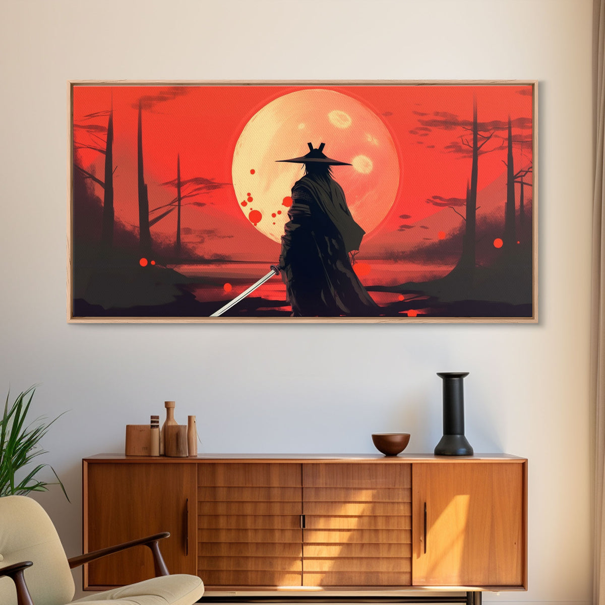 Mysterious Samurai and Blood Moon Print on Canvas, Framed Canvas Print, Modern Wall Art, Canvas Wall Set , Extra Large Wall Art, Warrior Art