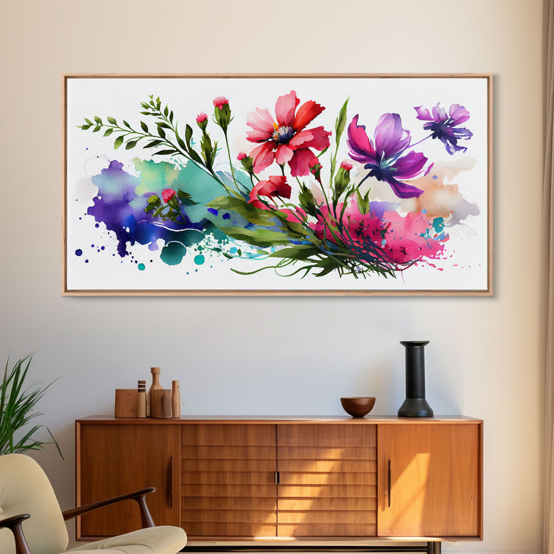 Red and Purple Wild Flowers Wall Art, Framed Canvas Print, Mother's Day, Gift For Mom, Farmhouse Decor, Rustic Watercolor Painting
