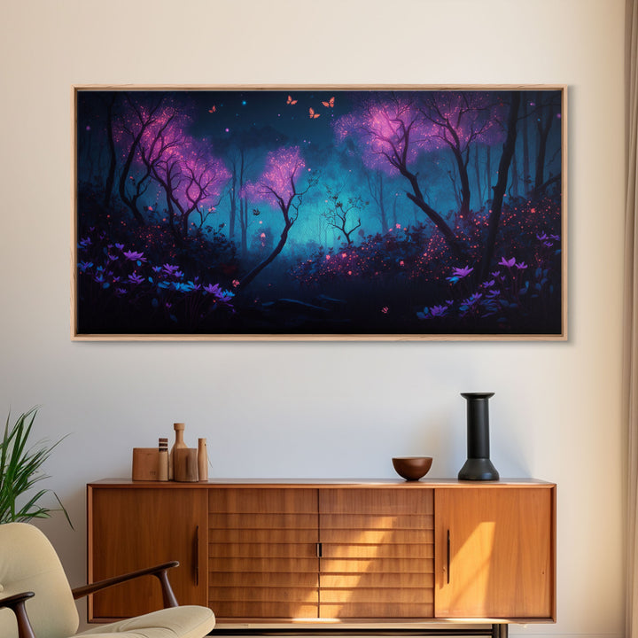 Beautiful forest canvas print Fantasy forest wall art Forest Painting, Framed Art, Glowing Butterflies