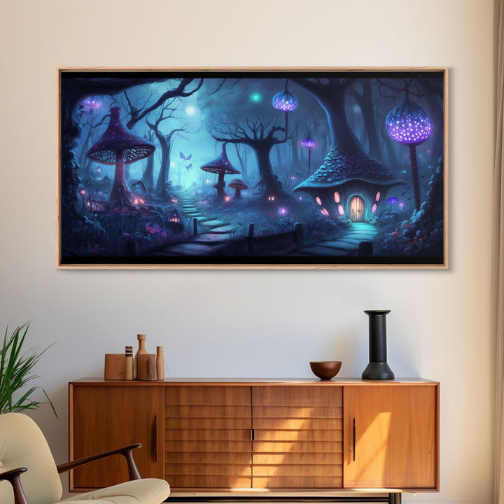 Magical Mushroom Fantasy Forest Wall Art, Framed Canvas Print, Game Room Art, Fantasy Decor