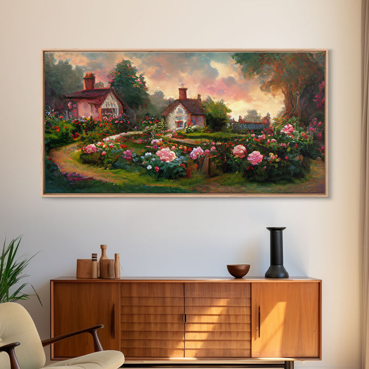 English cottage with rose garden, canvas print, cute English countryside wall art