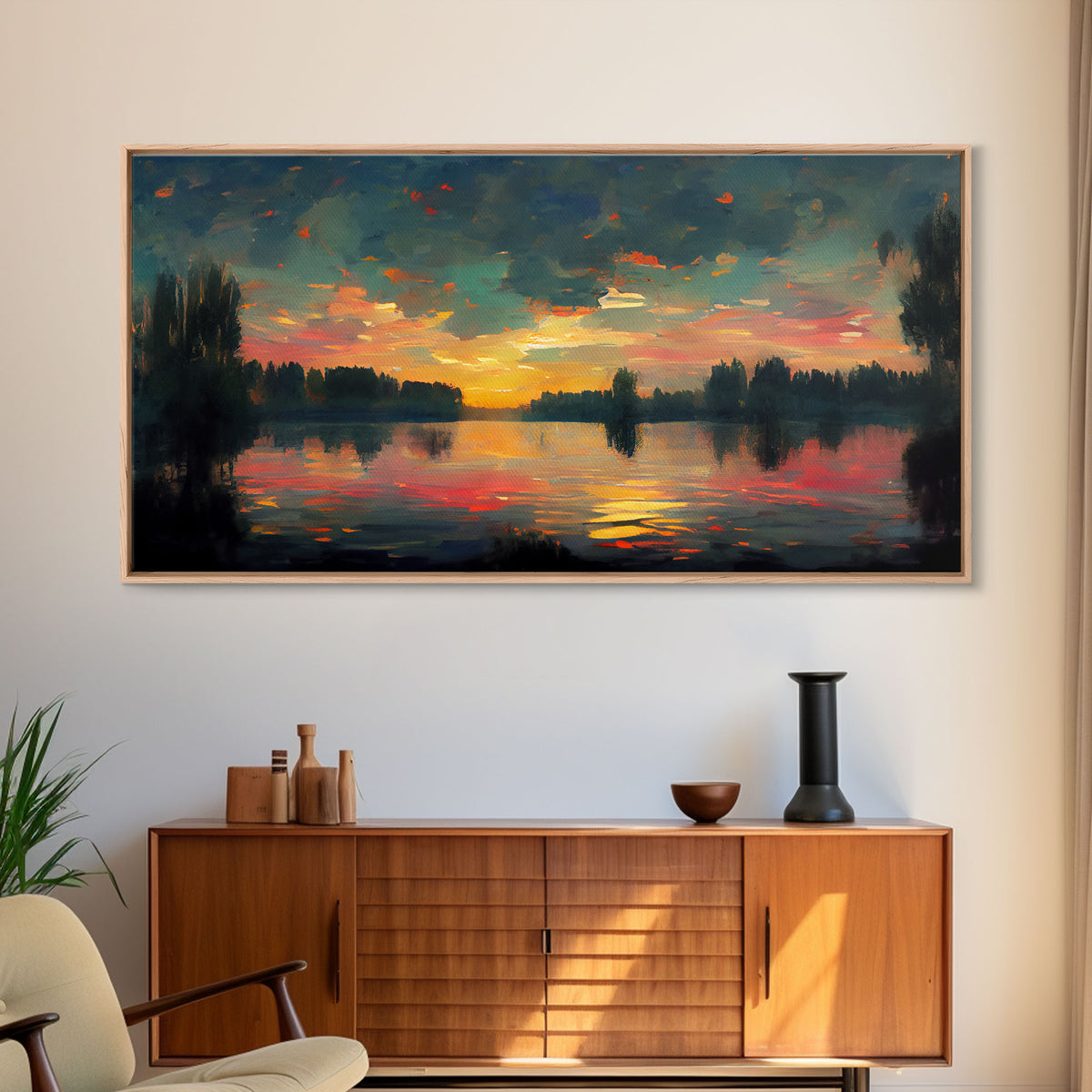 Lakehouse Canvas Print, watercolor painting of a sunset reflected on a lake