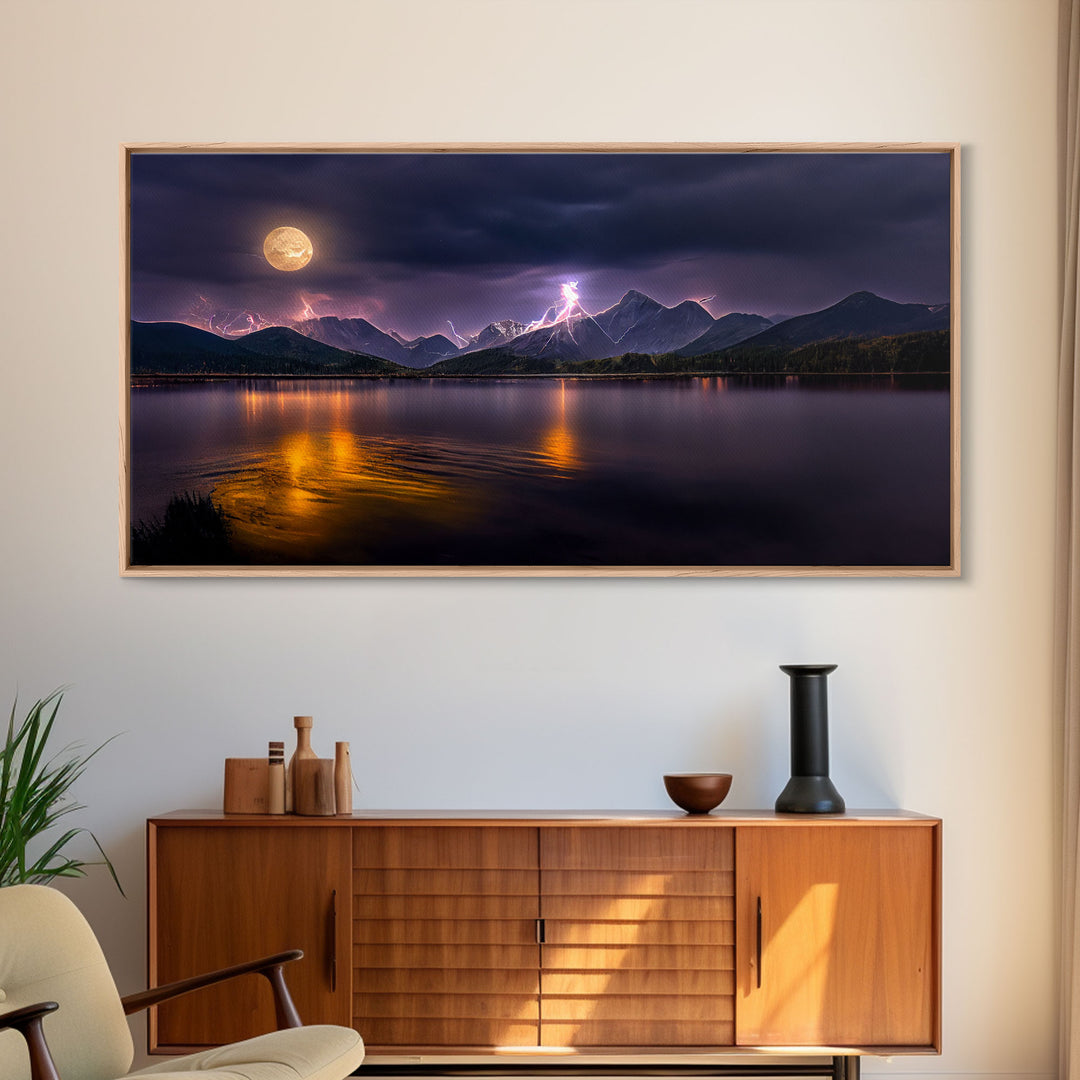 Full moon canvas print, Lightning storm over a mountain lake at night, cool wall art, awesome wall art
