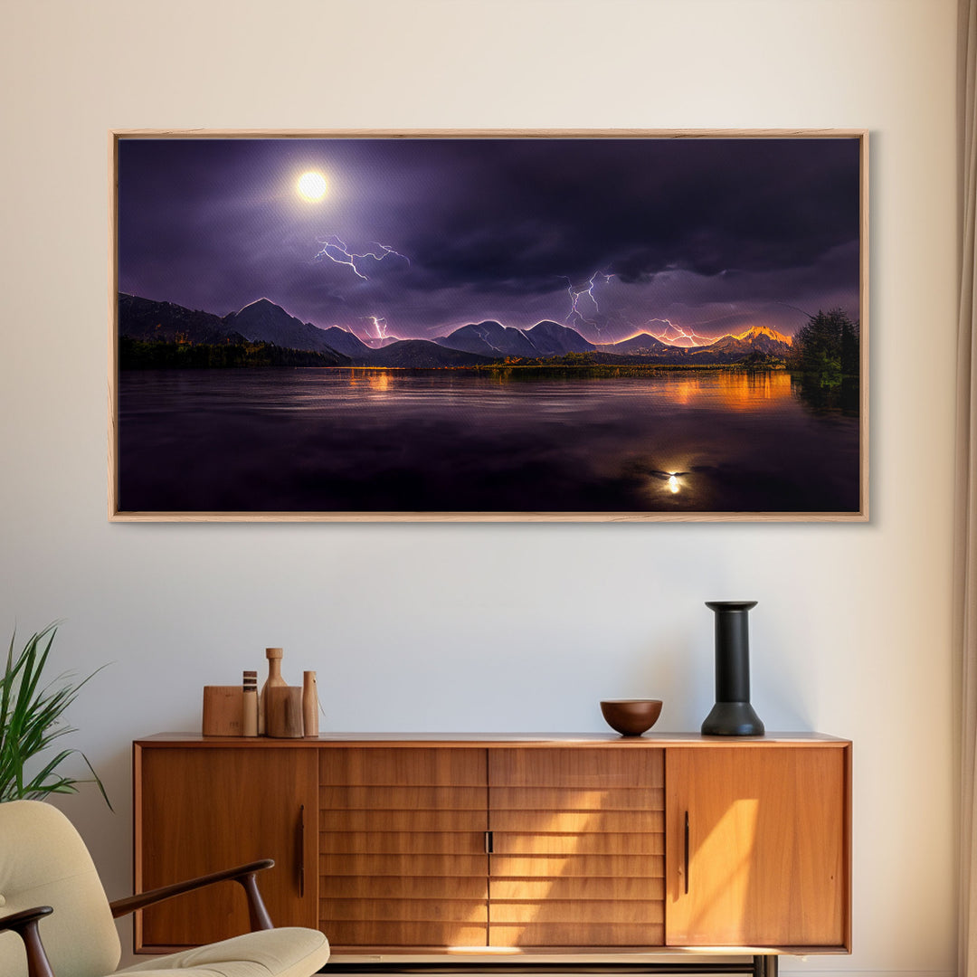 Full moon canvas print, Lightning storm over a mountain lake at night, cool wall art, awesome wall art