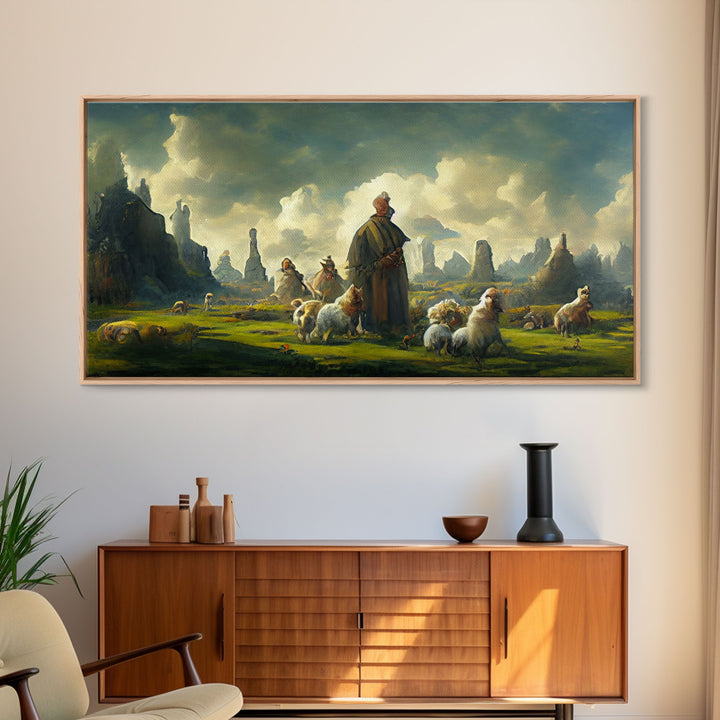 Shepherd and his flock, sheep painting, farmhouse art, watercolor canvas print, Giclee print