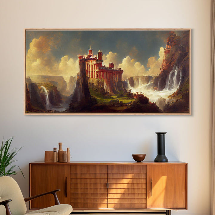 Fantasy wall art, canvas print, castle in the sky, castle atop mountains and waterfalls, watercolor