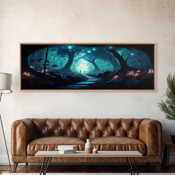 The mycelium Networrk, Fantasy Art, Framed Canvas Print, Bioluminescent Fantasy Forest At Night, Blue Glowing Ambience Art