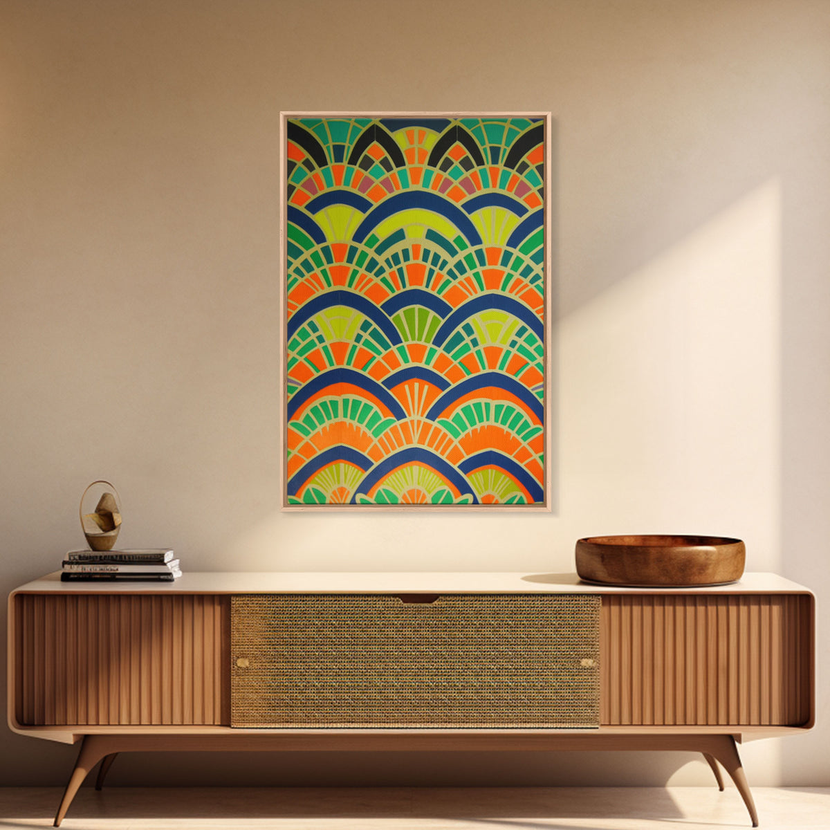 Art Deco Pattern Wall art, Framed Canvas Print, Art Deco, Wall art, Patterns art, Green colors art, Living room art, Colorful painting