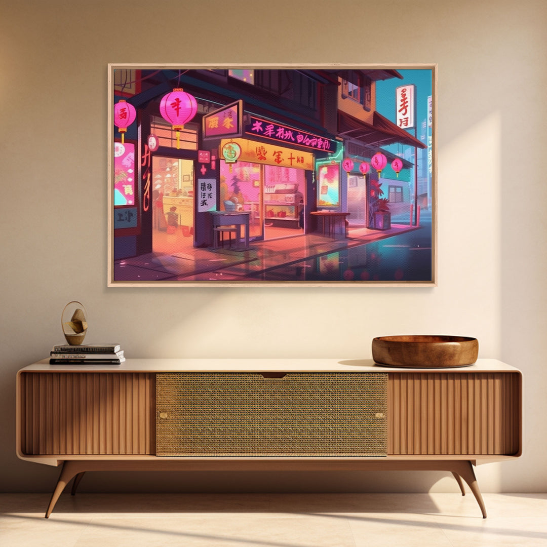 Sushi Shop Wall art, Framed Canvas Print, Living room decor, Pop Art Style, Neon lights, Japanese Art, Wall decor
