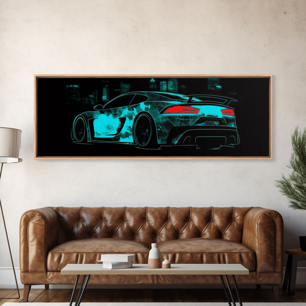 Teal Sports Car,  Abstract Urban Art, Cityscape Art, Dark Night Large Urban Art, City Skyline Wall Art, Panoramic, Wall Art, Canvas Print