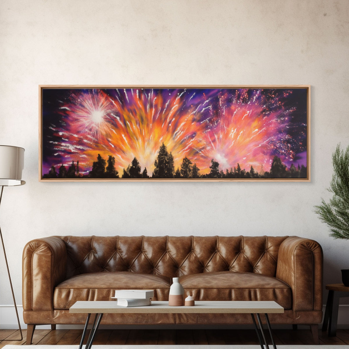 Fireworks Over Forest Canvas Art Print, Woods, Pines Trees, Wall Decor, Framed Large Canvas Print, Panoramic, Wall Art, Canvas Print