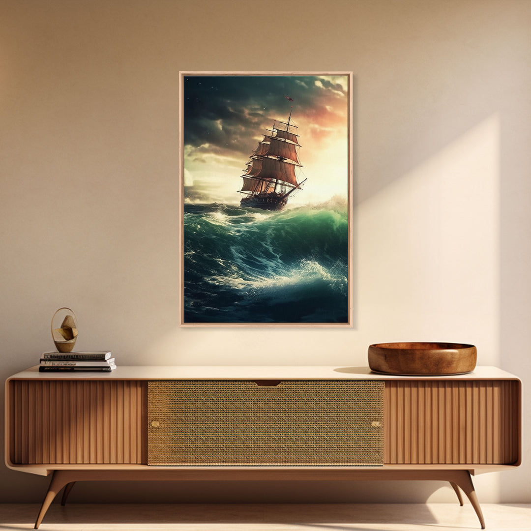 Haunted Pirate Ghost Ship On Rough Seas, Framed Canvas Print, Fantasy Wall Art, Wall Decor, Pirate Wal Art, Gift For Him, Kid's Room